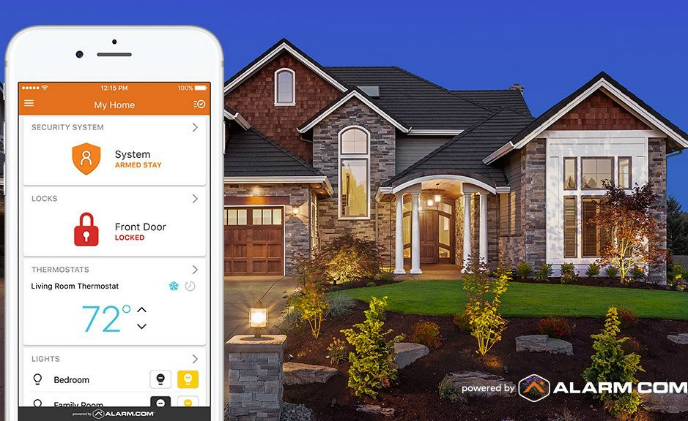 Alarm.com mobile app showing home security, door locks, thermostat, and lighting controls